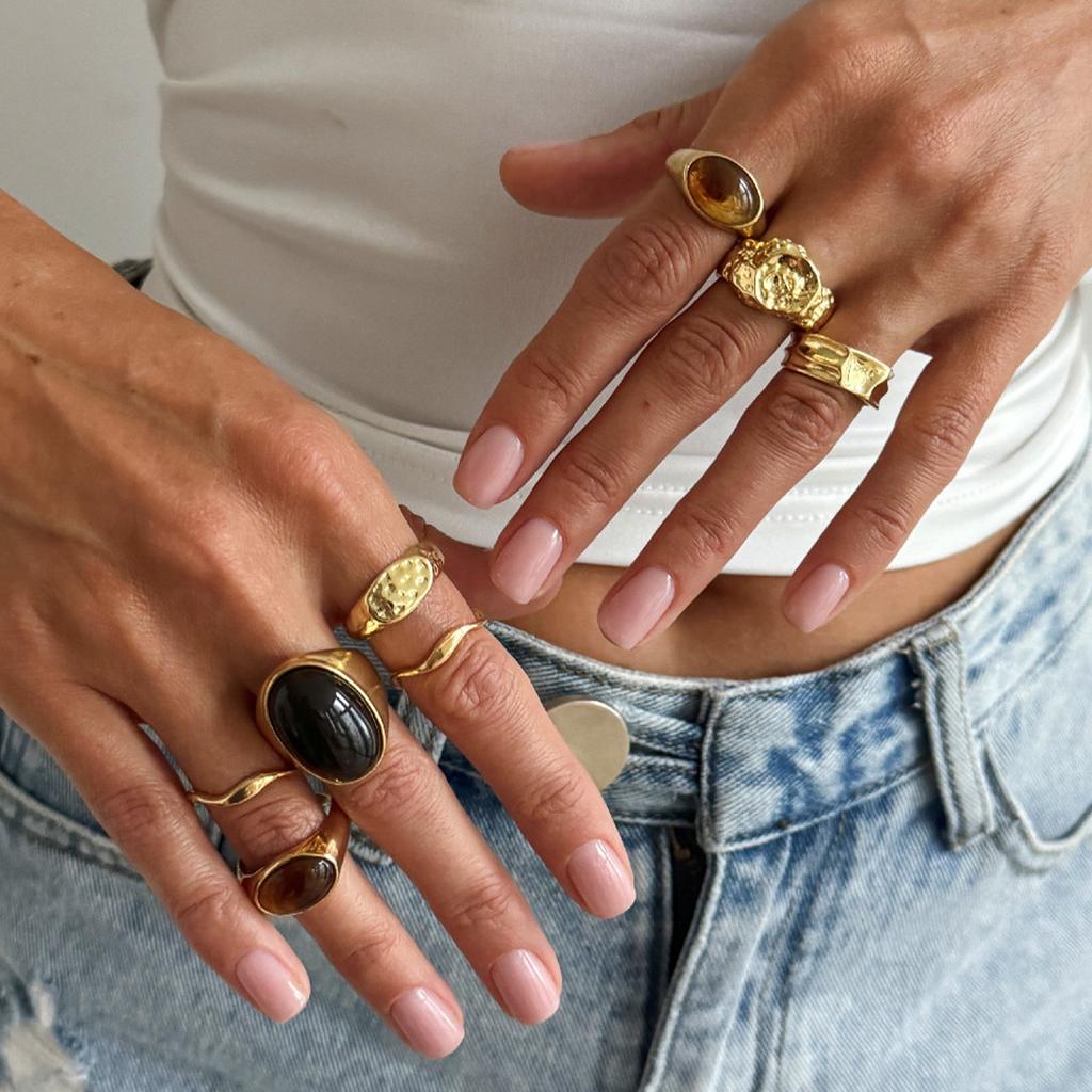 Fashion Light Luxury Gemstone Open Ring Set, Design Wind-Sensitive Metal Smooth Pleated Ring