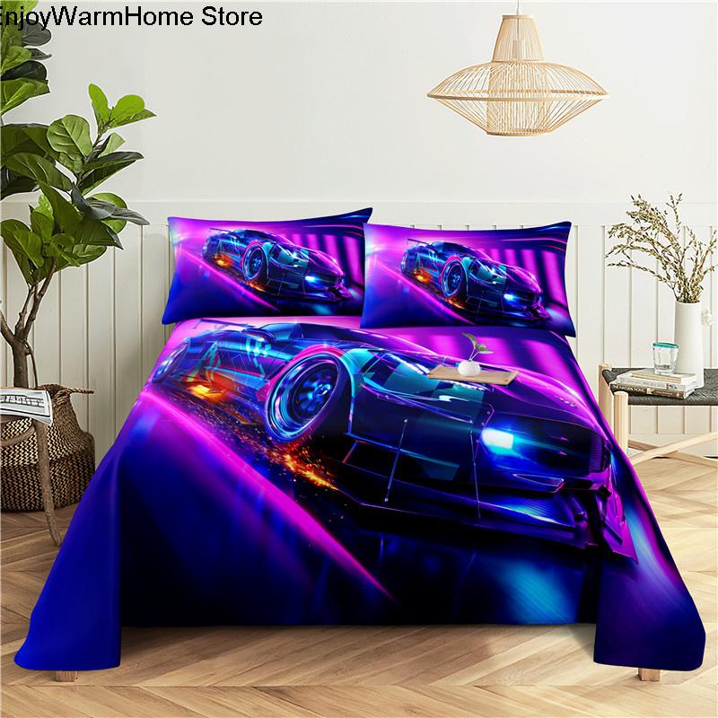 Sports Car Digital Printing Polyester Bed Flat Sheet With Pillowcase Cartoon Kids Gift Racing Cars Bedding