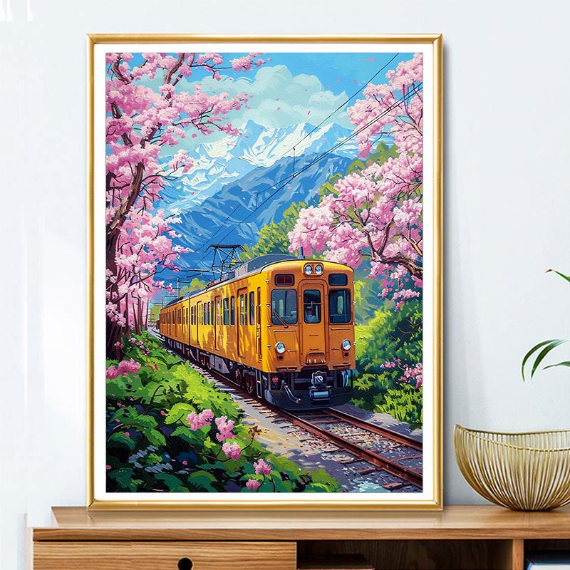 5d DIY Diamond Painting Cross Stitch Tram Peach Blossom Scenery Diamond Embroidery Mosaic Full Round Drill Home Decor
