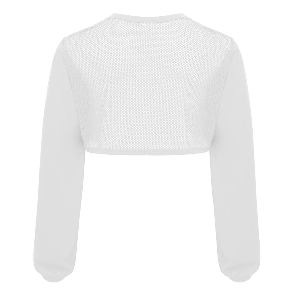 Girls Hip Hop Mesh Crop Top Long Sleeve Hollow Out Patchwork Asymmetrical Hem Dance Streetwear Top