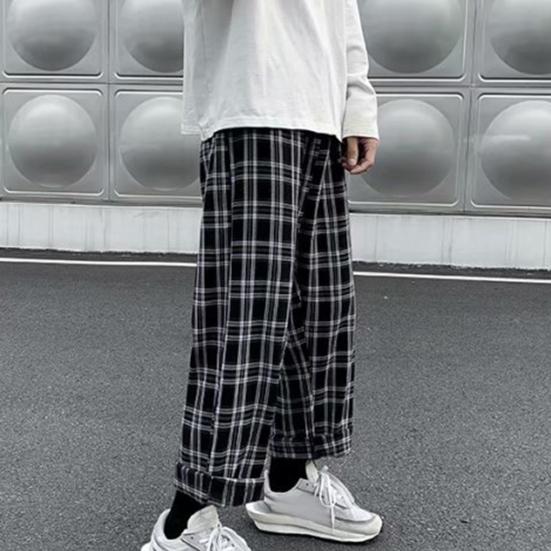 Men Pants Plaid Streetwear Wide Leg Elastic Waist Loose Sports Pants Trousers for Autumn