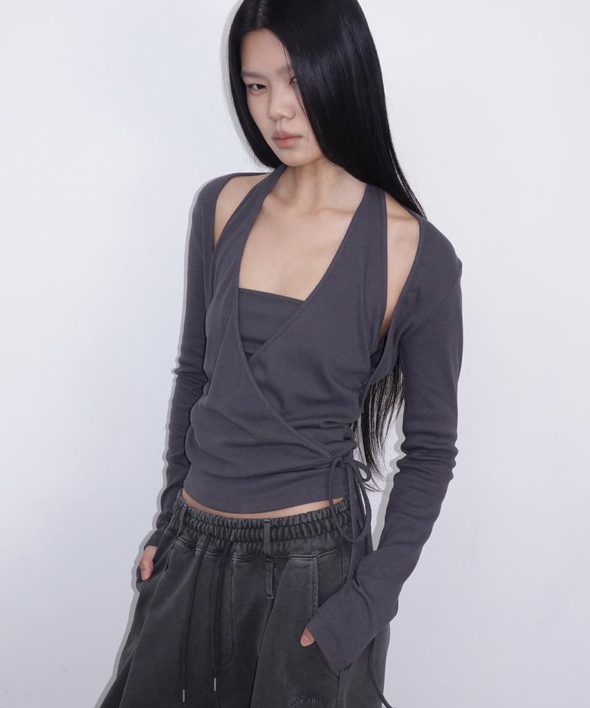 Saendeulig Layered Halter Wrap Long Sleeve_Charcoal