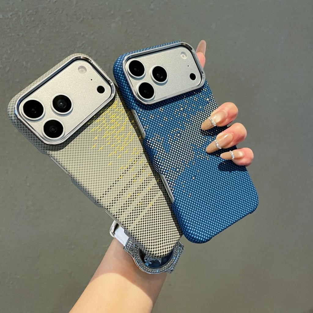 Carbon Fiber Kevlar Texture Magnetic Phone Case For iPhone 17 Air 16 15 14 Pro Max Metal Camera Frame Hard Plastic Cover