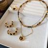 Silver Needle Tiger's Eye Stone Round C-Shaped Earrings Necklace Ring Set Retro Clavicle Chain Light Luxury High-end Jewelry Women