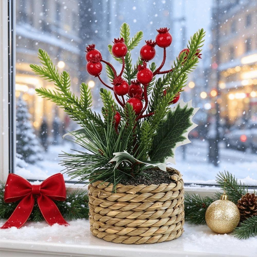Faux Artificial Christmas Plant Woven Basket Mini Potted Plant Christmas Decor