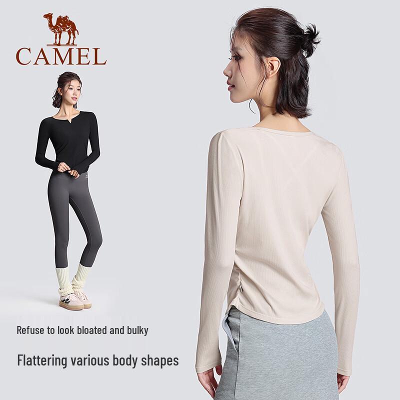 CAMEL Women's V-Neck Slim-Fit Long Sleeve Yoga Top