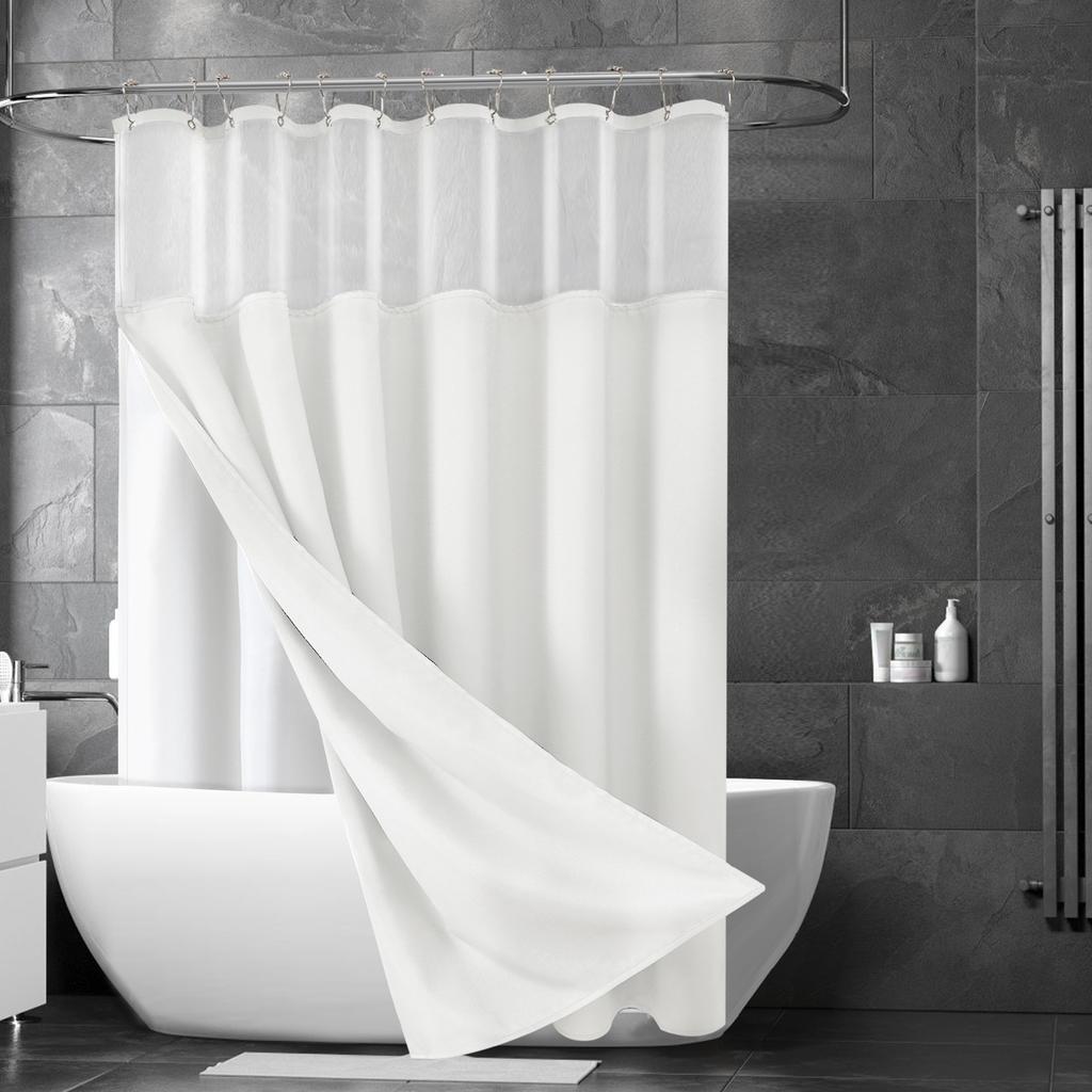Double Layer Shower Curtain Waterproof Linen Bath Curtain Liner for Bathroom Bathtub Bathing Cover with Silver Metal Hooks