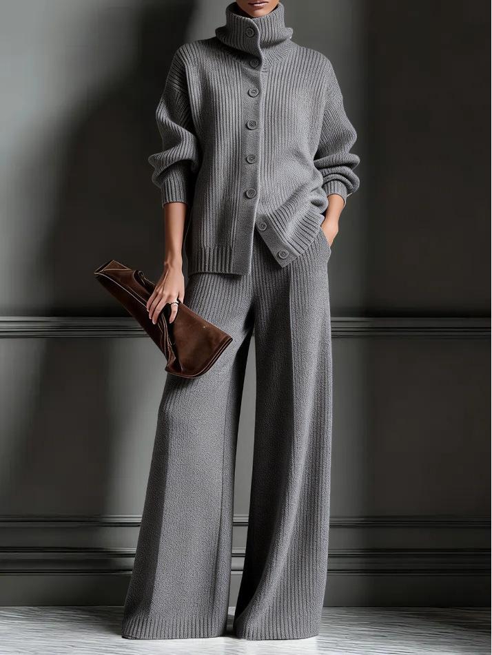 2025 European American Fashion Women's Autumn Winter High Neck Knit Wide-Leg Suit
