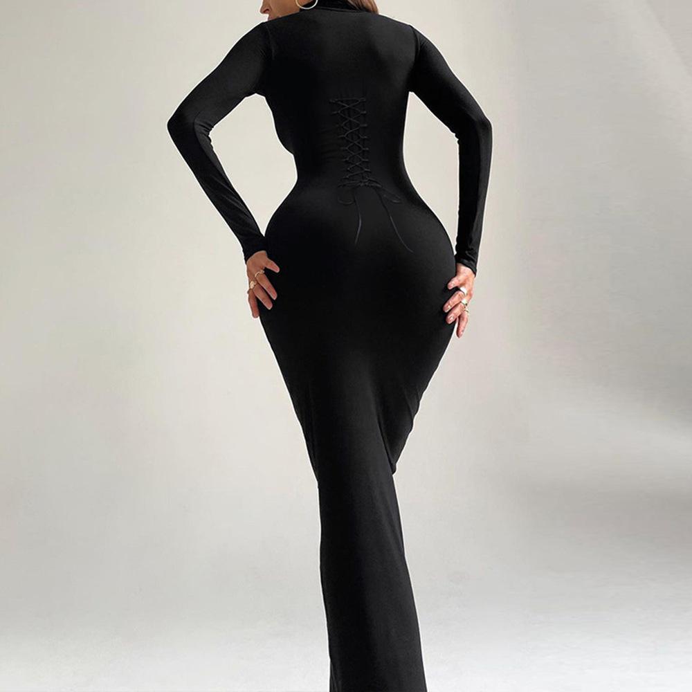 2024 Autumn/Winter Women's Slim Lace-up Square Neck Long Sleeve Evening Dress