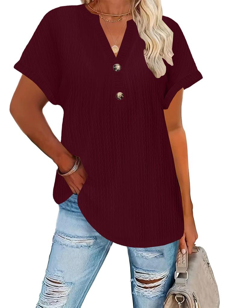 T-shirt Casual da Donna Colore Unico Scollo a V con Bottoni Moda Primavera/Estate 2026