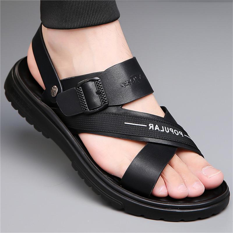 2025 Men s Breathable Leather Sandals - Soft Sole, Non-slip, Versatile Beach  Driving Shoes 41 чёрный