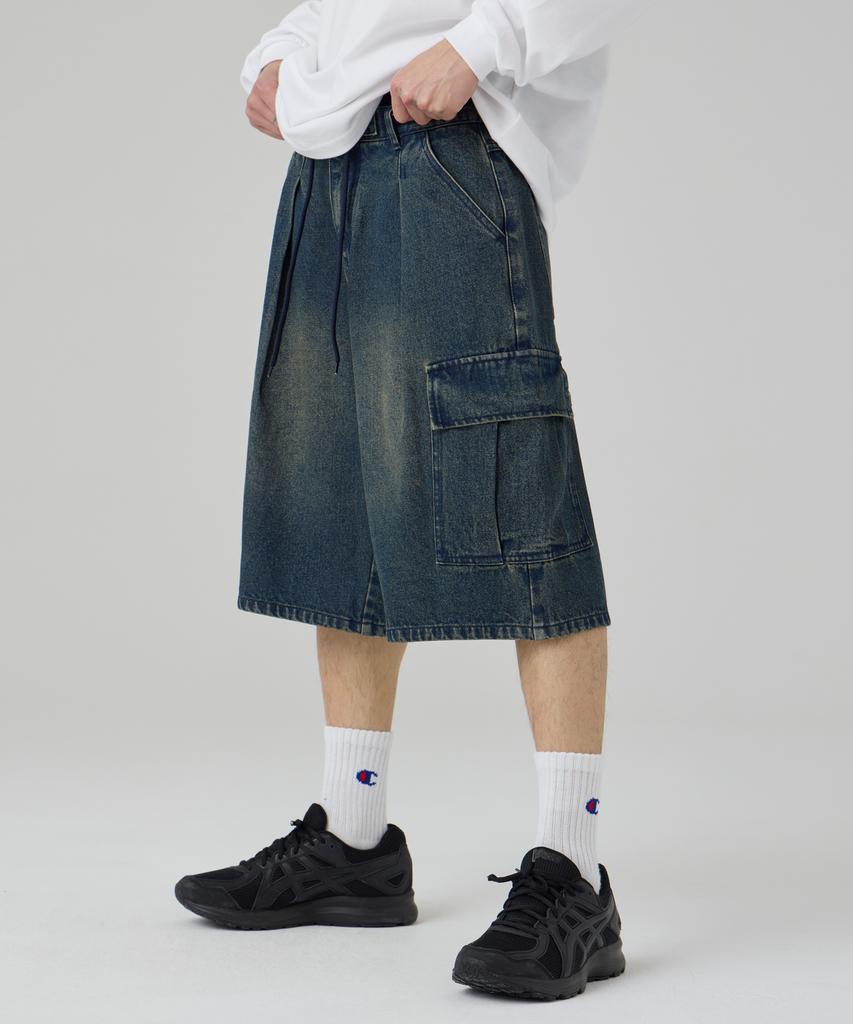 AOTT Washed String Cargo Bermuda Denim Pants Dark Blue