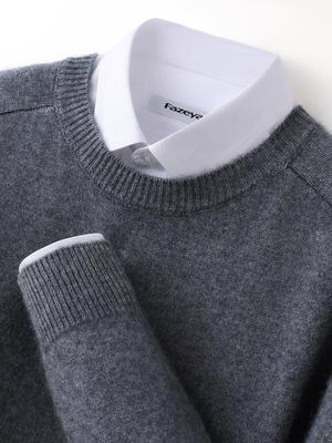 Men's Cashmere Round Neck Saddle Shoulder Sweater - Business Casual, Loose Fit, Thick Knit Pullover