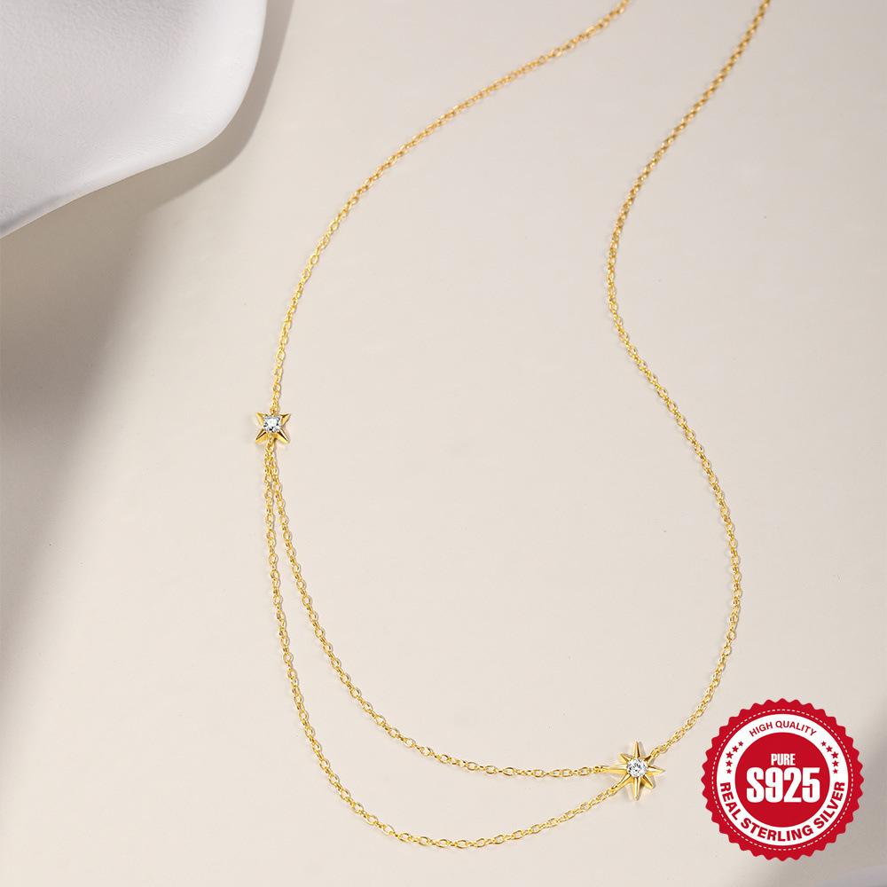 Wind Commuter Minimalist Double Layer S925 Sterling Silver Octagram Quadruple Element Necklace Clavicle Chain