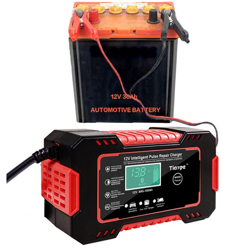 Car Battery Charger 12V Pulse Repair LCD Display Smart Fast Charge AGM Deep Cycle GEL Lead-Acid Charger for Auto Motorcycle