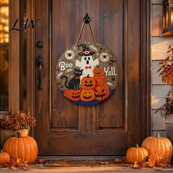 Indoor Outdoor Holiday Ornament Halloween Boo Wood Door Hanger Sign with Cute Ghost Black Hat Pumpkin Print, Front Decorative Craft Gift Porch
