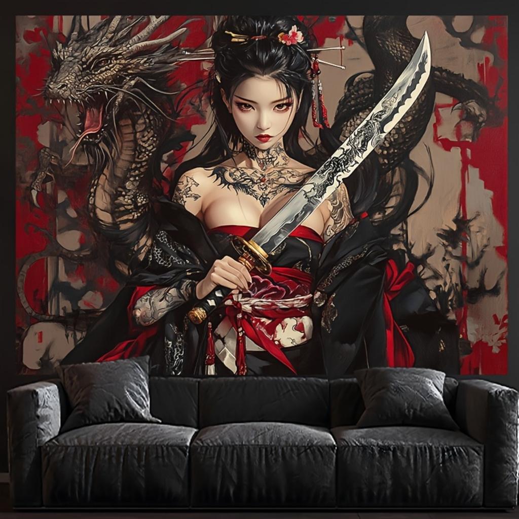 Anime Fantasy Dragon Woman Tapestry Wall Hanging Art for Gothic Geek Decor Bedroom Living Room Decoration