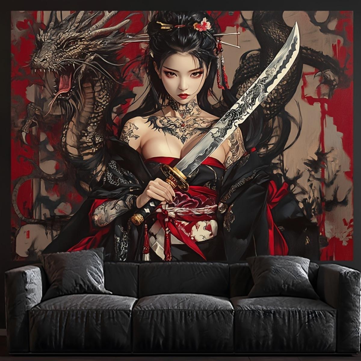 Dragon Warrior Girl Tapestry, Japanese Samurai Sword Wall Art, Red Black Asian Fantasy Decor, Anime Style Hanging for Bedroom 100X70CM