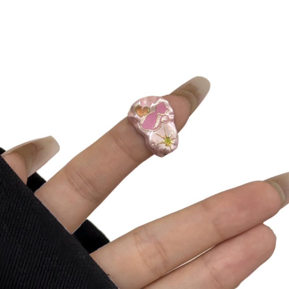 Cartoon Cat Enamel Drip Oil Ring Adjustable Cuff Ring Pink Opening Ring  Festival Ornaments