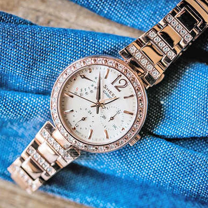 Casio SHEEN Series Simple Casual Fashion Quartz Movement Stainless Steel Strap Japanese and Korean Watch Women's Watch Mother-of-pearl SHE-3043PG-9A