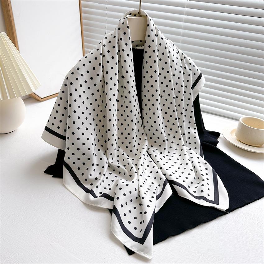 Korean Style Polka Dot Silk Scarf – 90cm Versatile Twill Shawl 90x90 cm
