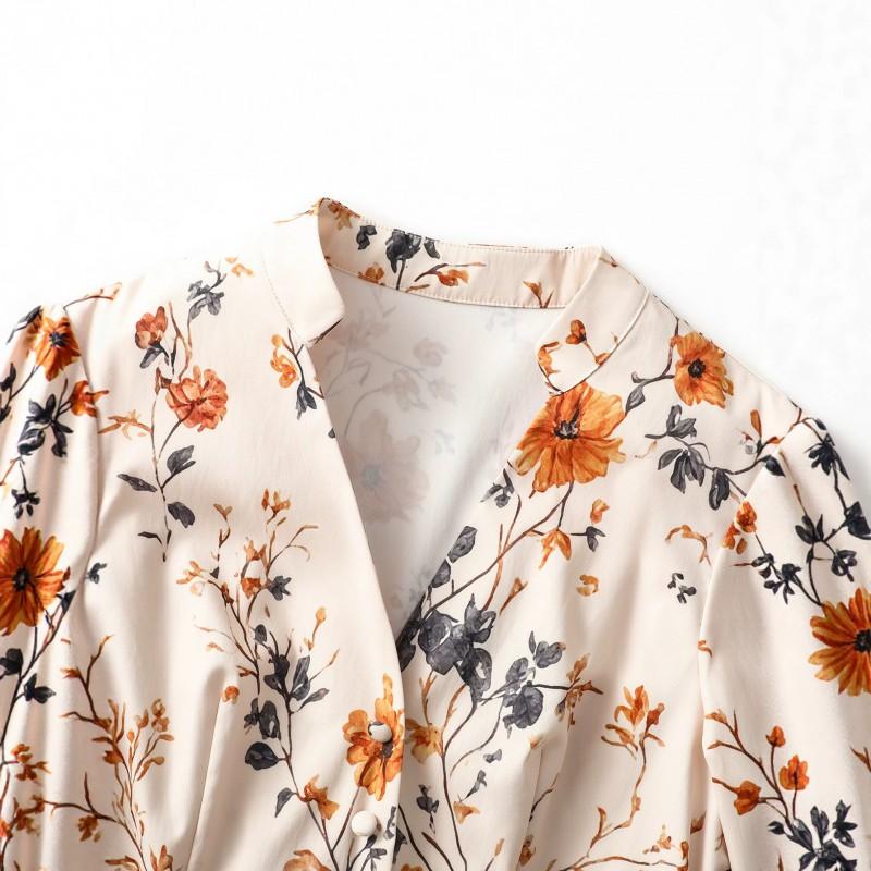 Womens French Country Floral Print A-Line Dress With Puffed Sleeves V-Neck High Waist