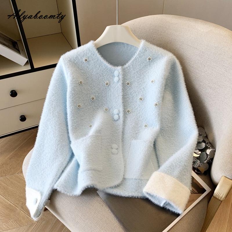 Elegant Fashion Autumn Winter Women Knitted Cardigan White Pink Blue Purple Fluffy Knitting Coat Feminine Sweet Diamonds Ladies' Outerwear