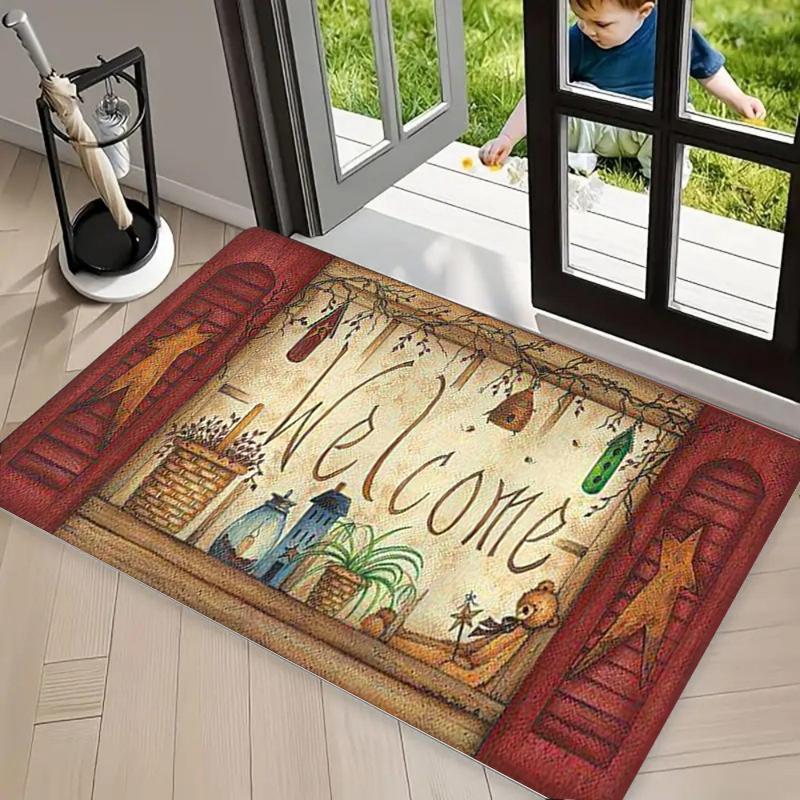 Home Sweet Home Primitive House Doormat Vintage Folk Art Floor Mat with Red Border for Farmhouse Kitchen & Entryway 40x60cm