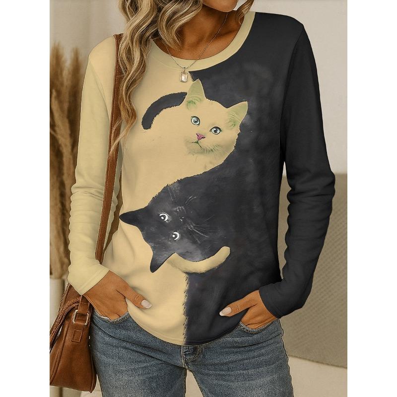 Damen T-Shirt Rundhals Langarm Tunika Grafik Tier Katze Vintage Stilvoll Klassisch Runder Hals Normale Oberteile