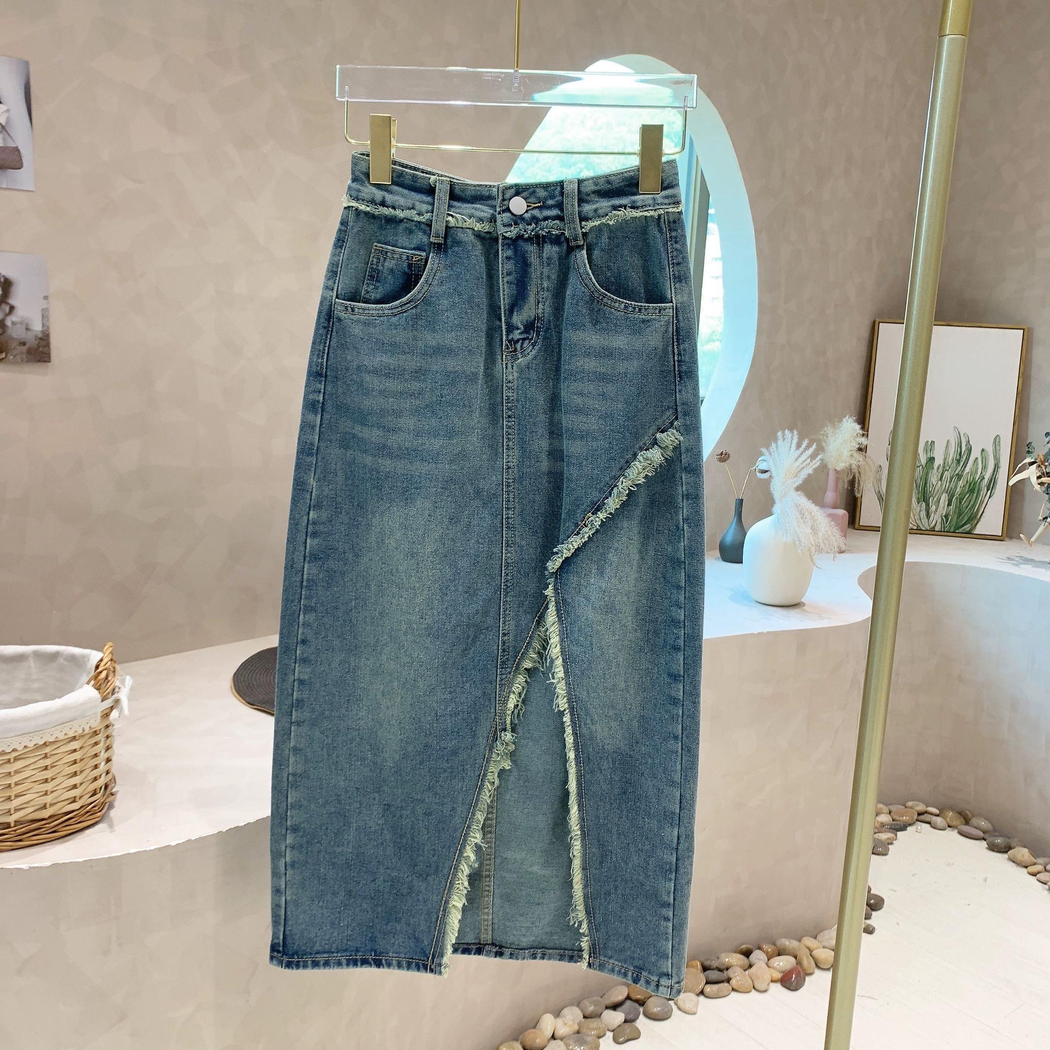 

Винтажные джинсовые юбки неправильной формы с разрезом для женщин, лето 2024, высокая талия трапециевидной формы, ажурная юбка с кисточками, женские шикарные низы XXL синий