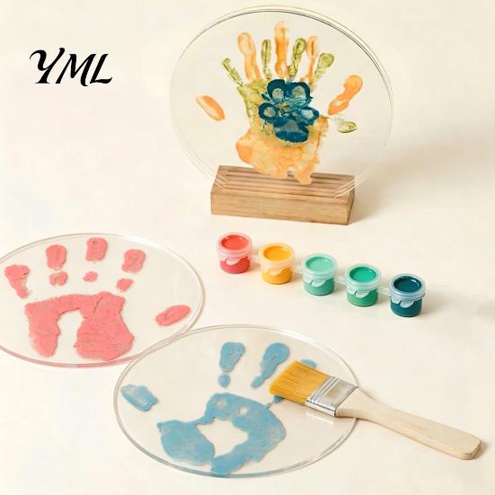 Personalized Fingerprint Art Gift DIY Handprint Display Kit, Transparent Acrylic Panel And Wood Base Easy Clean Painting Kit Project, Handmade Memory