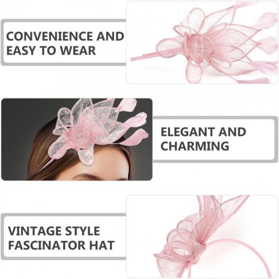 Ciieeo Women Fascinator Headband and Hat Clip, Pink Mesh Cocktail Tea Party Hat, Special Occasion Hair Accessory for Weddings and Celebrations