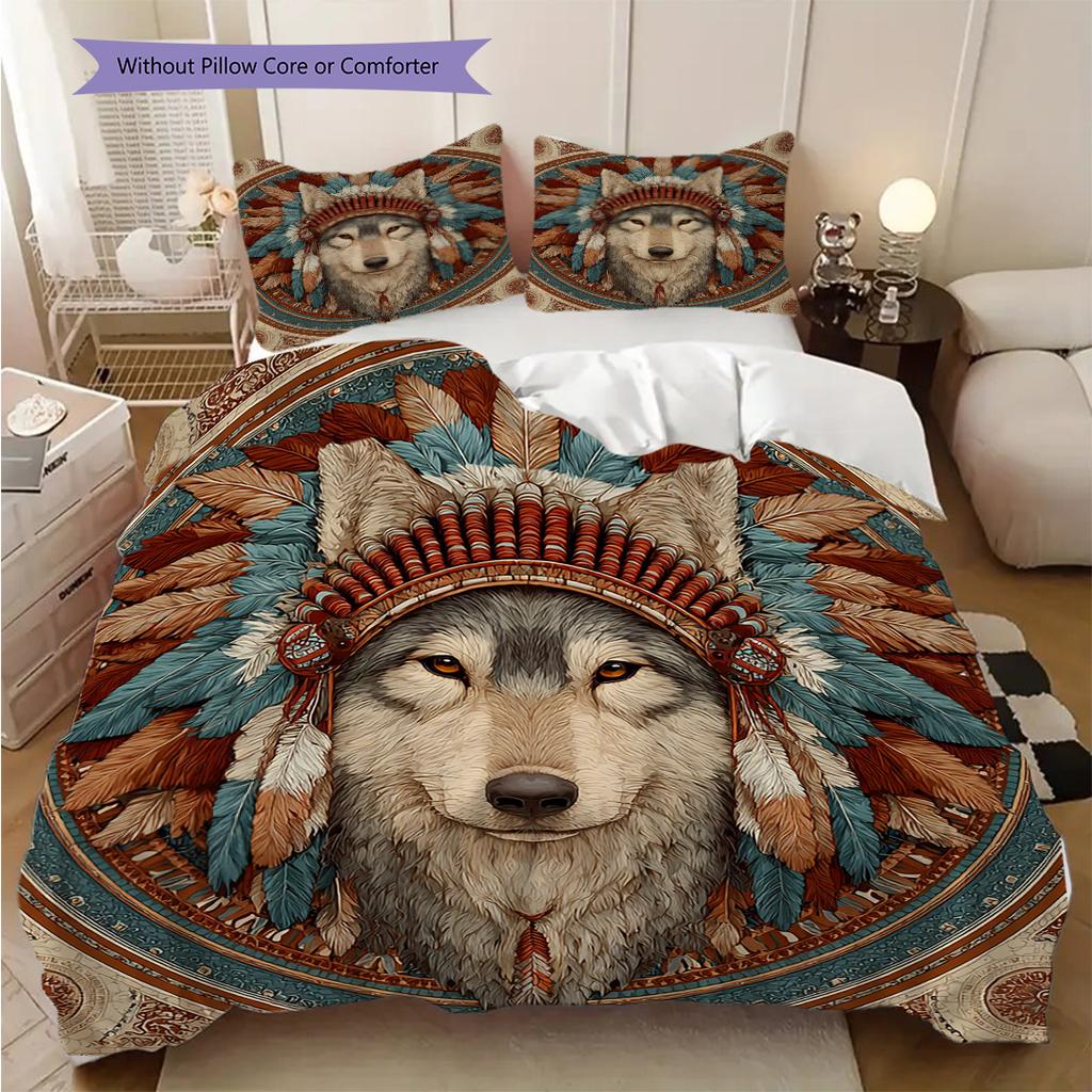 Primitive Wolf Pattern Bedding Quilt Set Quilt Cover Pillowcase Home Decoration Birthday Gift (1 * duvet cover + 2 * pillowcase, without core)
