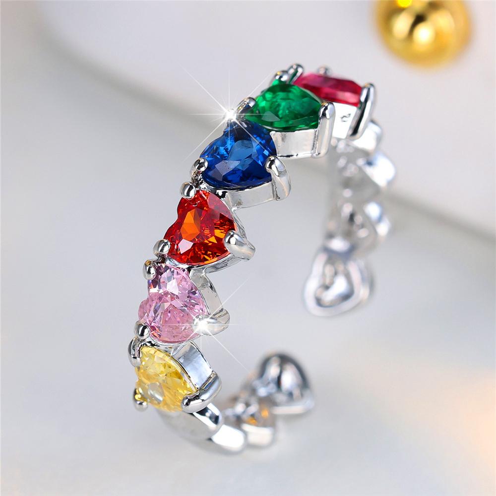 Cute Female Rainbow Zircon Stone Adjustable Heart Ring Vintage  Color Open Wedding Jewelry For Women