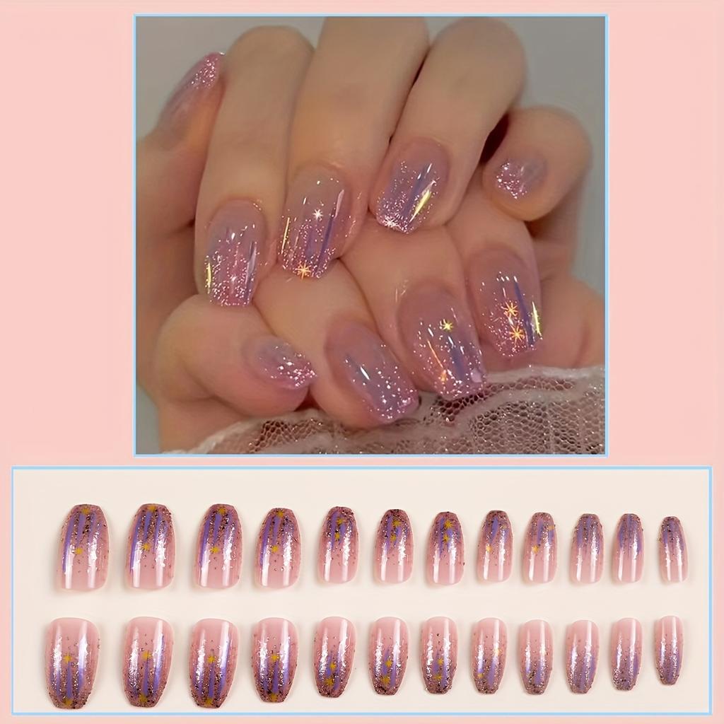 24pcs Glossy Short Square Fake Nails, Aurora Purple Press On Nails With Glitter Sequin Star Design, Sparkling Full Cover False Nails For Women Girls
