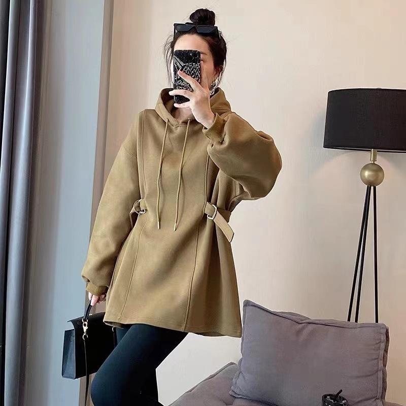 Fleece Thickened Black Hooded Waist Sweater Womens Design Sense Relaxed Fit Medium and Long Top