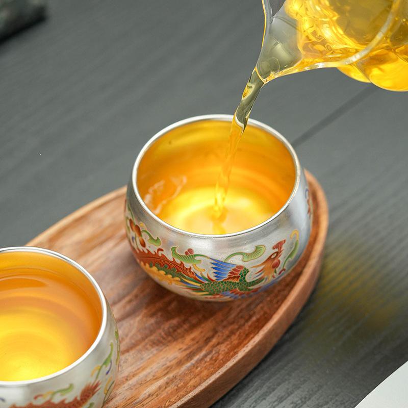 Silver Dragon & Phoenix Luohan Tea Cup: 999 Silver, Gilded, High-Grade Gift, Household Host's Cup