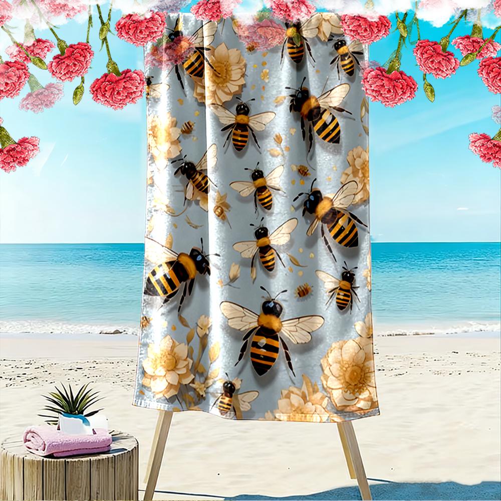 Bee Pattern with Flowers on Blue Background Beach towel quick-drying for travel outdoor sports jogging beach and swimming