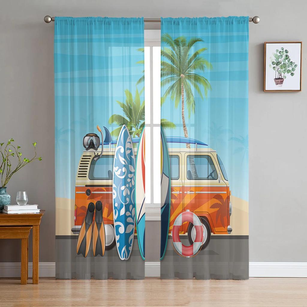 Beach Starfish Shells Leaves Palm Curtains Living Room Bedroom Decor Chiffon Tulle Voile Kitchen Window Curtain Sheer Made Of Polyester Treatment