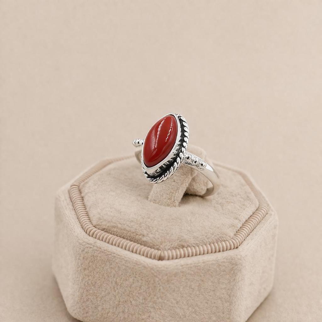 Red Coral Marquise Ring 6x12mm, 925 Sterling Silver Statement Ring, Handmade Coral Gemstone Jewelry