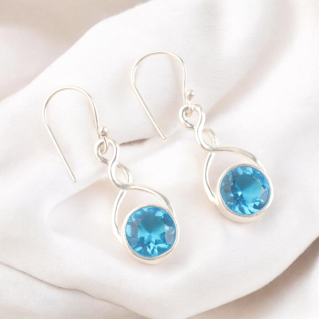Vintage Swiss Blue Topaz Gemstone 925 Stamped Silver Jewelry Drop Earrings1.68" CE-15-9