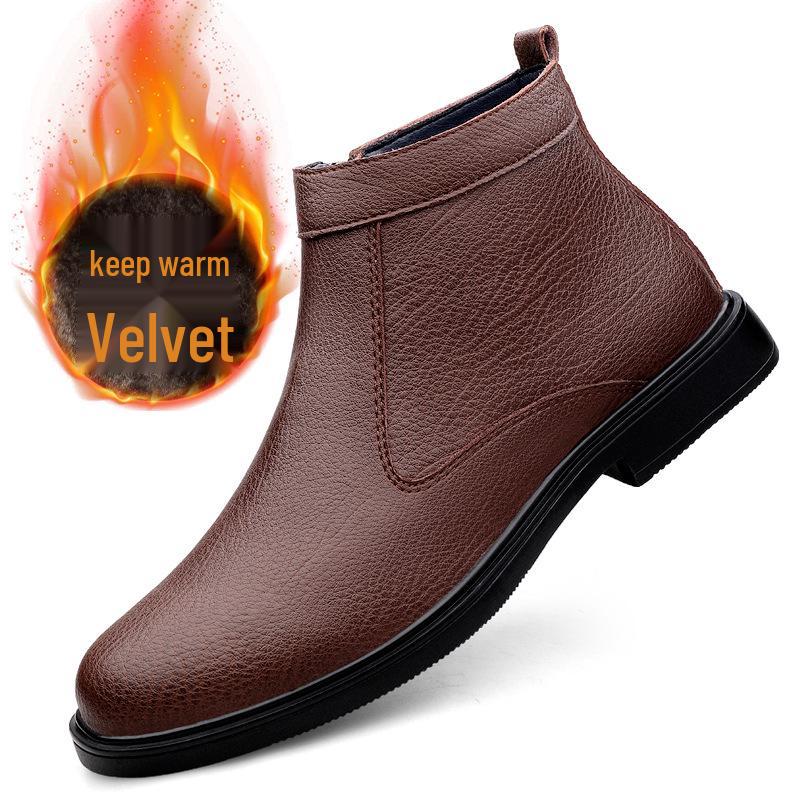 Men's Fashion High-Top Leather Slip-On Boots with Side Zipper, Plush Lined, Warm Cotton, Size 47