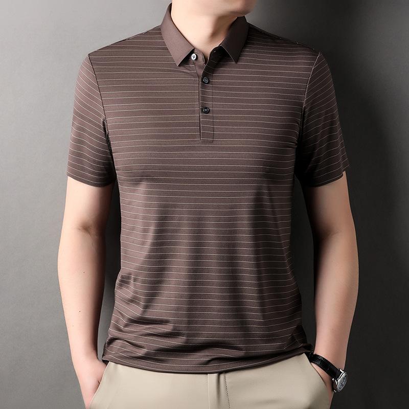 

Мужская футболка из шелка шелковицы с короткими рукавами, летняя свободная полосатая футболка-поло среднего возраста с лацканами из ледяного шелка 165/M