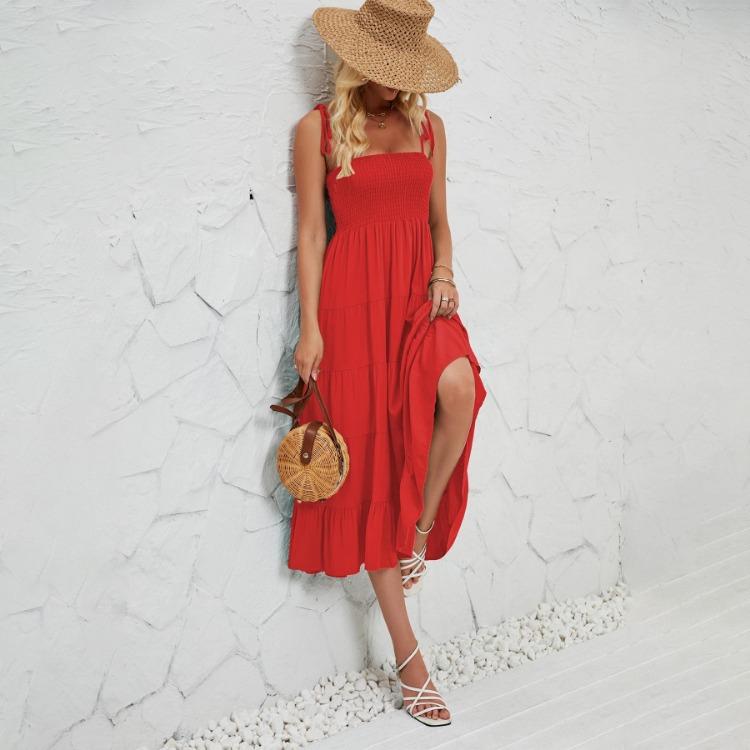 Halter Women Solid Color Summer Sleeveless Dress Knee Length Elegant Casual Pleated Square Neck