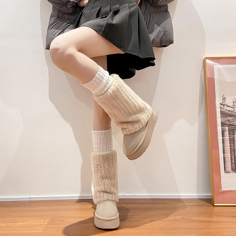 Thick-soled Snow Boots Women's 2025 Winter New Leather White Plush Heightened Plush Thickened Cotton Shoes