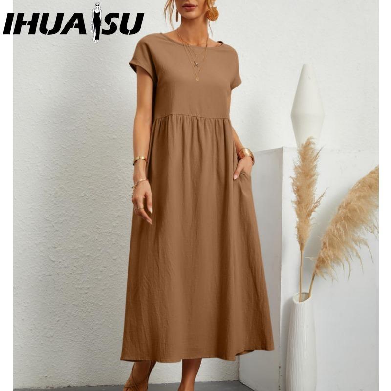 IHUASU Women's Fashion Summer Spring Solid Color Print O-Neck High Waist Casual Dresses