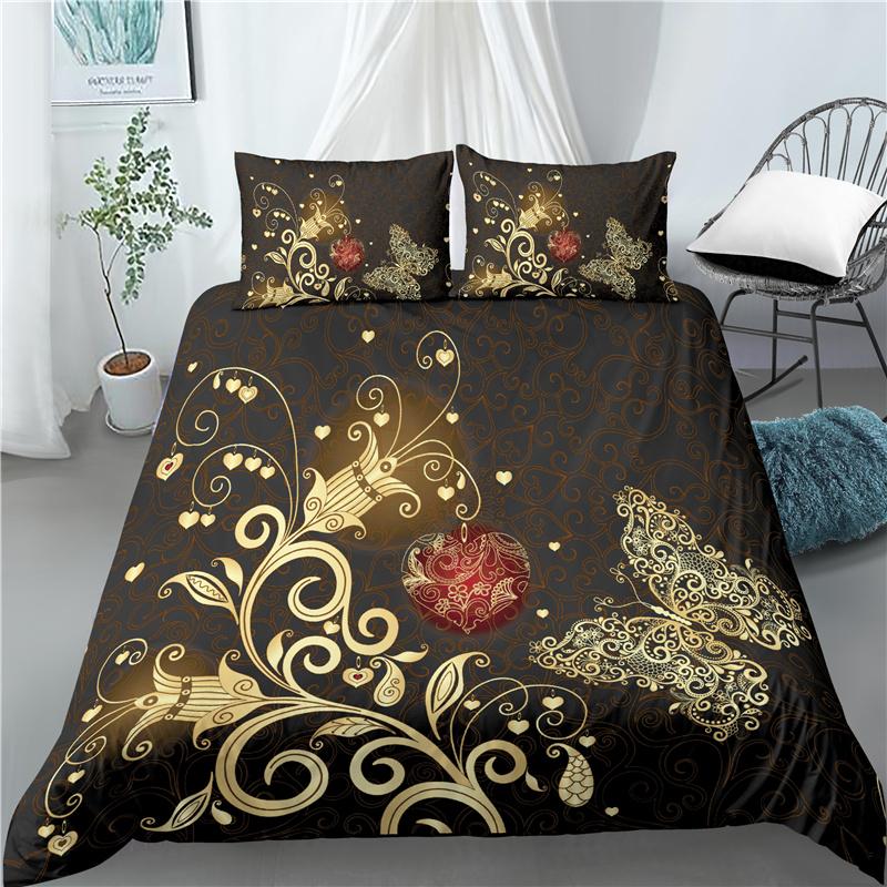 Butterfly King/Queen Size Bedding Sets for Women Golden Butterfly Black Duvet Cover Flower Butterflies Polyester Quilt Cover