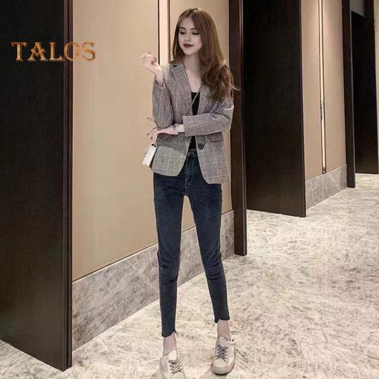 Women Spring Autumn Suit Coat Lapel Long Sleeve Single Breasted Suit Jacket Plaid Print Flap Pockets Business Outwear