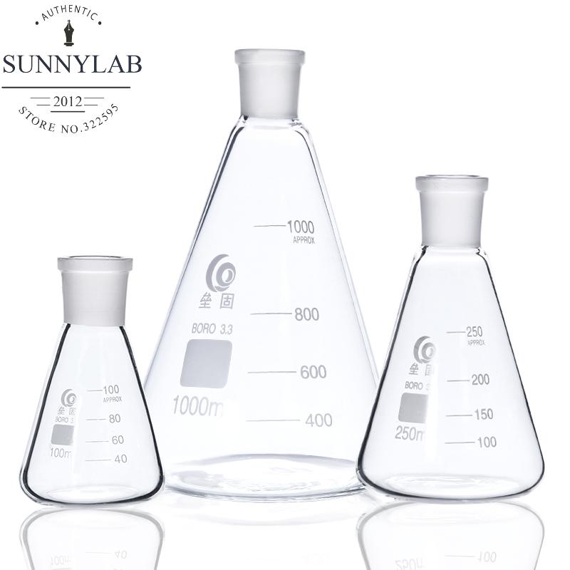 1pcs lab 25ml to 2000ml high borosilicate glass spiral neck with standard mouth 19# 24# 29# triangular flask conical flask 25ml No.19