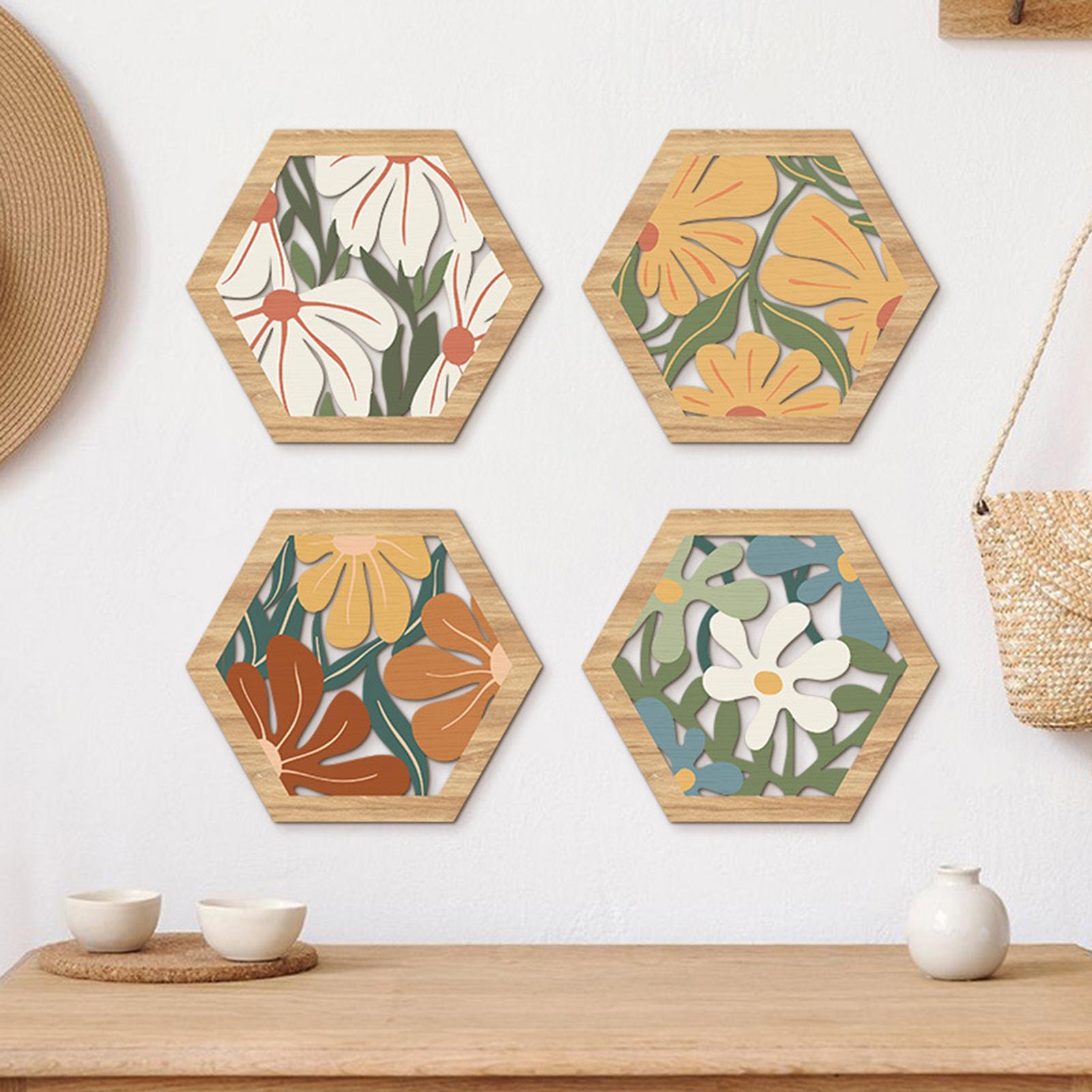 

4pcs Bohemian Flowers and Plants Wooden Hanging Wall Decoration Morandi Geometric Hollow Home Hanging Wall Decoration CN